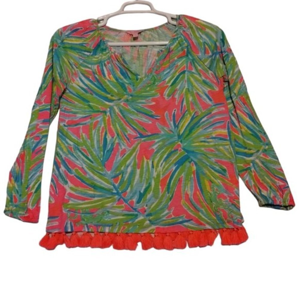 Lilly Pulitzer Linzy Tiki‎ Pink Royal Lime Blouse Size XS Tasseled Long Sleeve